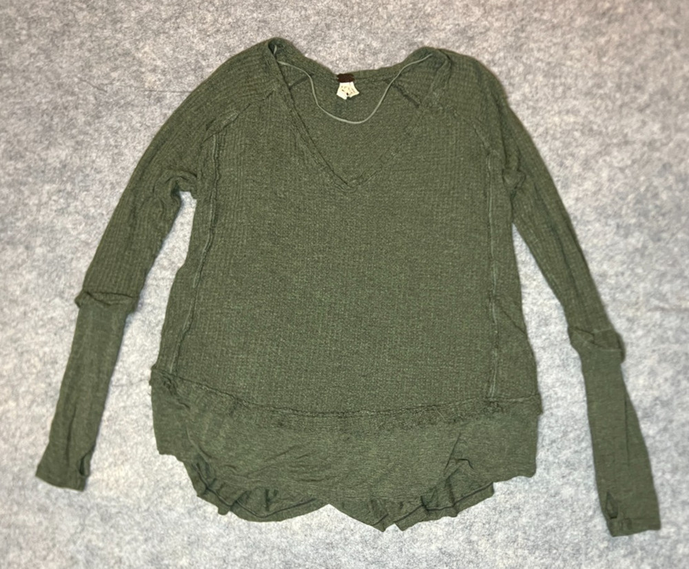 We The Free Long Sleeve Boho Flowy Waffle Knit Top Women's Size XS Dark Green
